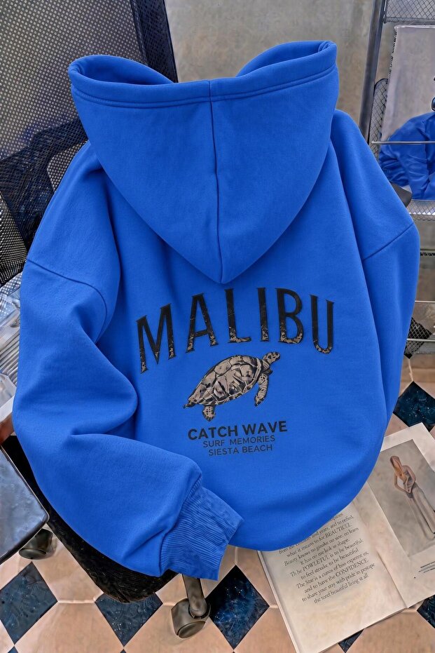 Malibu Turtle Unisex Back Printed Oversize Hooded Sweatshirt with Kangaroo Pocket Two-Strand Drawstring Hoodie