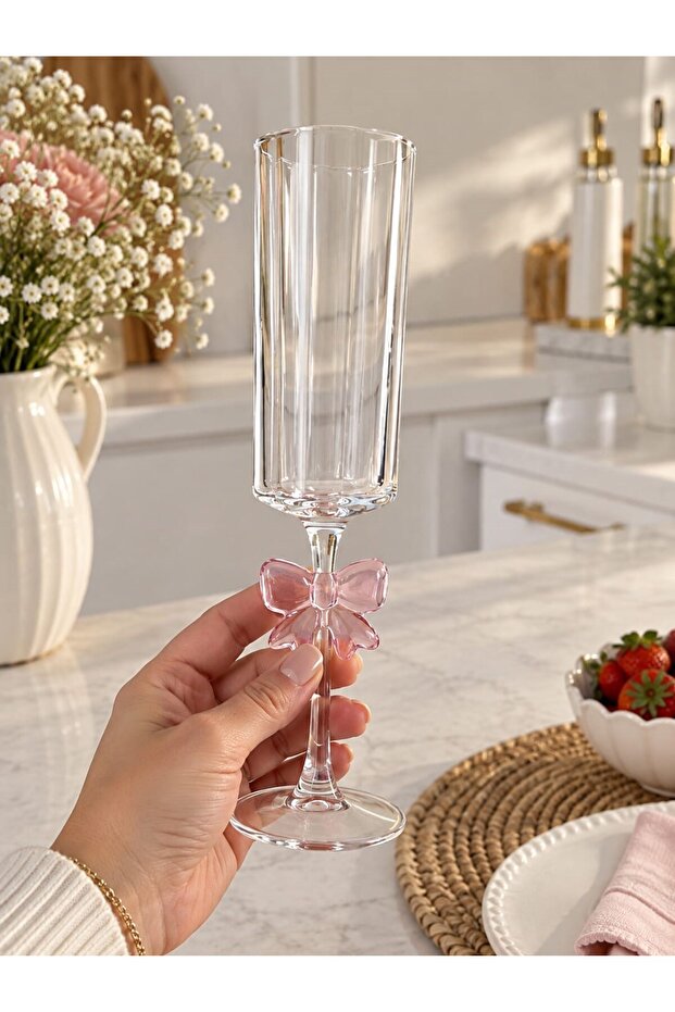 Pink Bow Design Vertical Striped Coffee Side Presentation and Champagne Glass, 2 Pieces