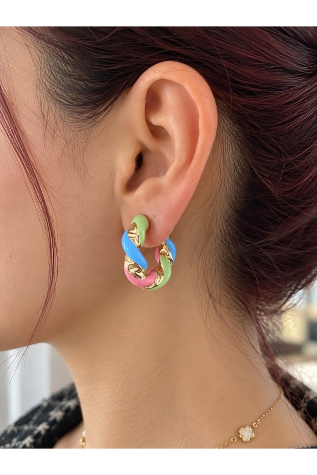 Xuping Gold Color Colorful Enamel Hoop Earrings – Pastel Color Mesh Design Women's Earrings