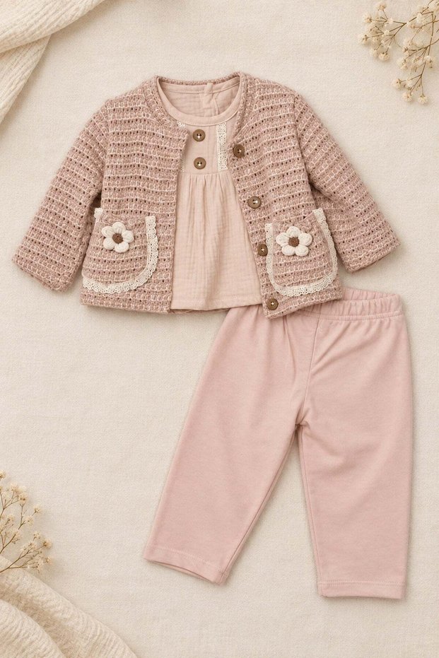 Baby Girl Floral Detailed Cardigan 3-Piece Stylish Seasonal Set 6-9-12-18-24 Months