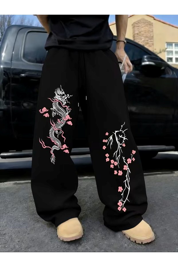 Unisex Streetwear 3 Threaded Wide Leg Printed Sweatpants