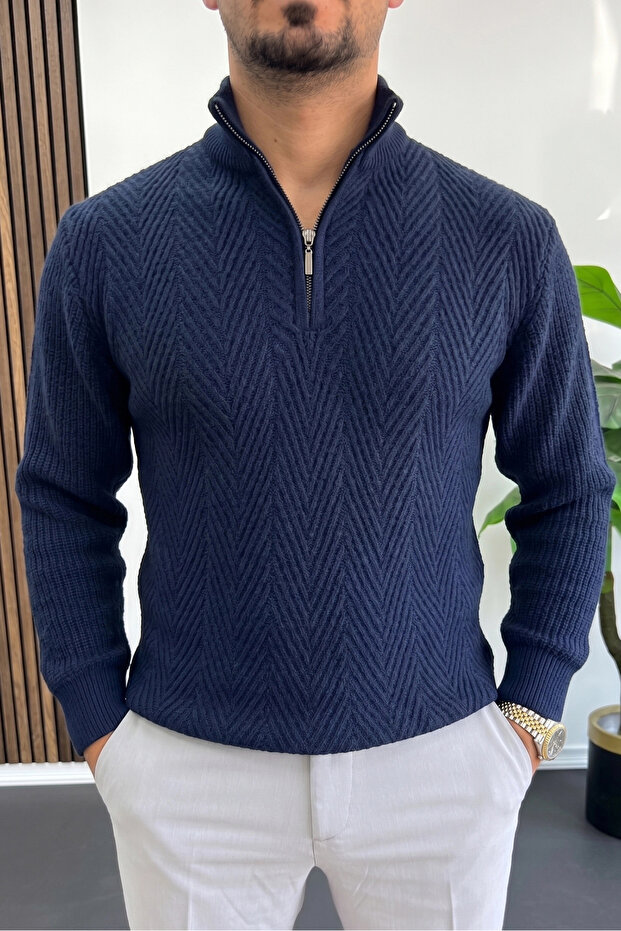 Men's Zippered Patterned Knitted Sweater Navy Blue Edw512