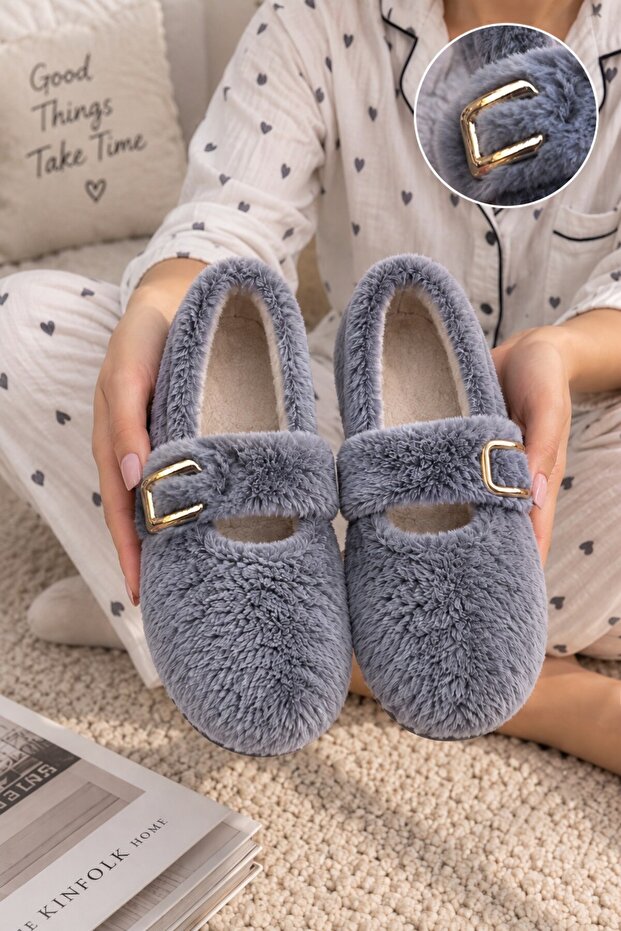 Banded Women's Home Slippers Winter Wool Inside Home Shoes Panduf B Gray Suede