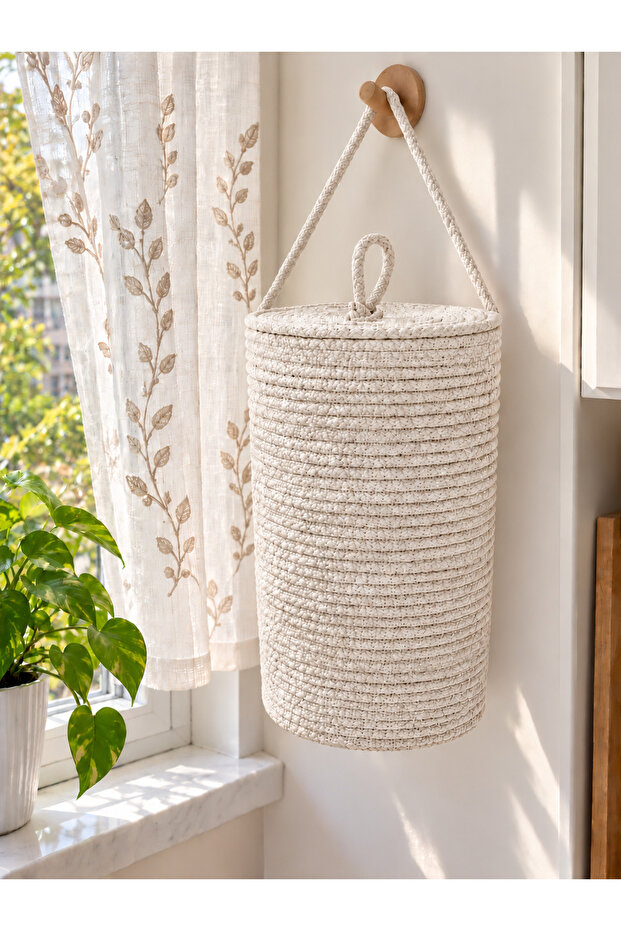 Jute Straw Look Bag Holder Wall Organizer Basket with Lid – Hanging Bracket Not Included