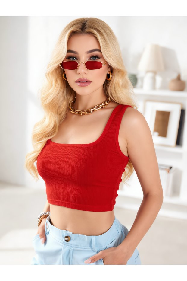 Women's Red Seamless Stretchy Ribbed Strap Bustier