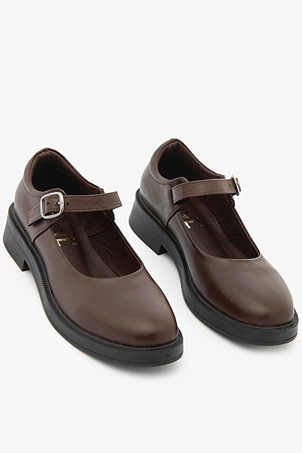 Brown Genuine Leather Ballerinas with Buckle Detail