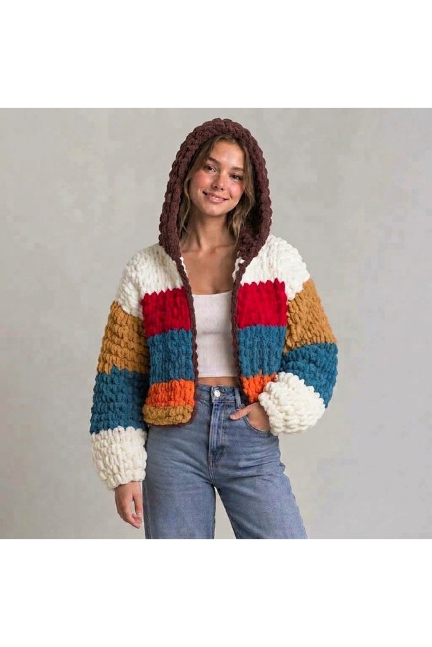 Hooded Color Block Hand Knitted Retro Puffy Cardigan Jacket