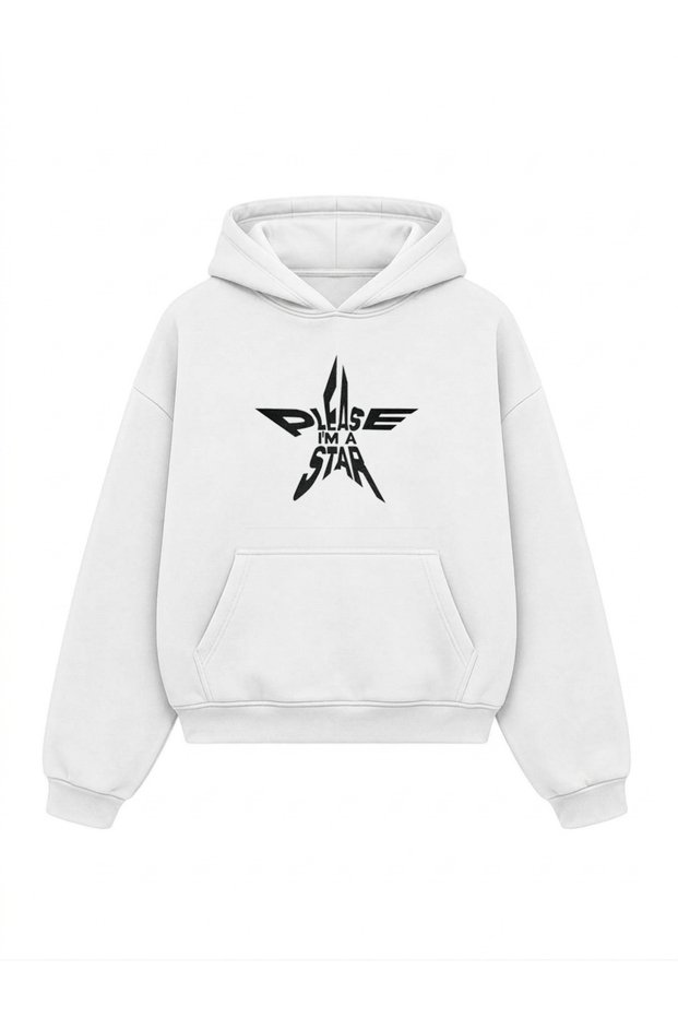 White Printed Oversize Unisex Hooded Sweatshirt - Kangaroo Pocket Hoodie with Inner Pockets