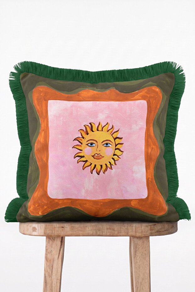 Soleil Face Retro Sun Face Motif Orange Green Edged Fringed Throw Pillow Cover