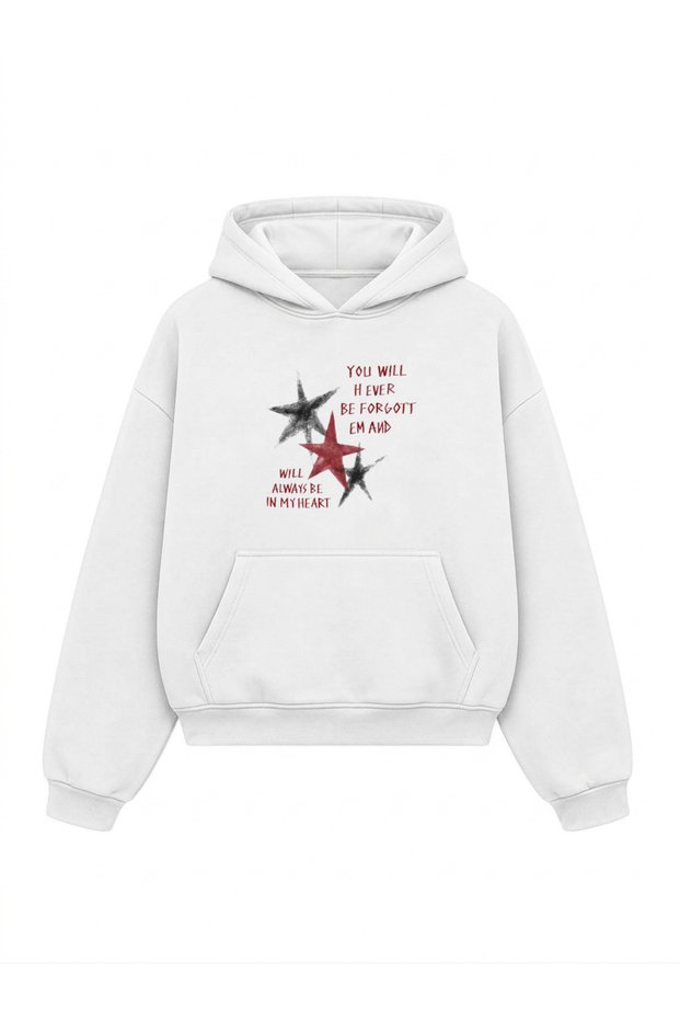 White Printed Oversize Unisex Hooded Sweatshirt - Kangaroo Pocket Hoodie with Inner Pockets