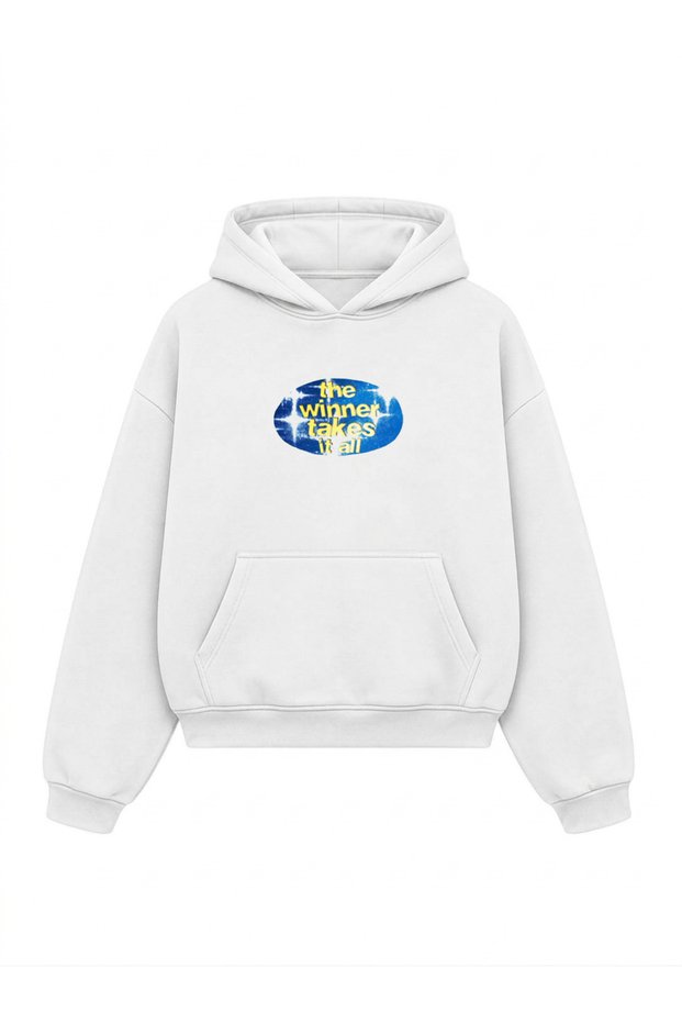 White Printed Oversize Unisex Hooded Sweatshirt - Kangaroo Pocket Hoodie with Inner Pockets