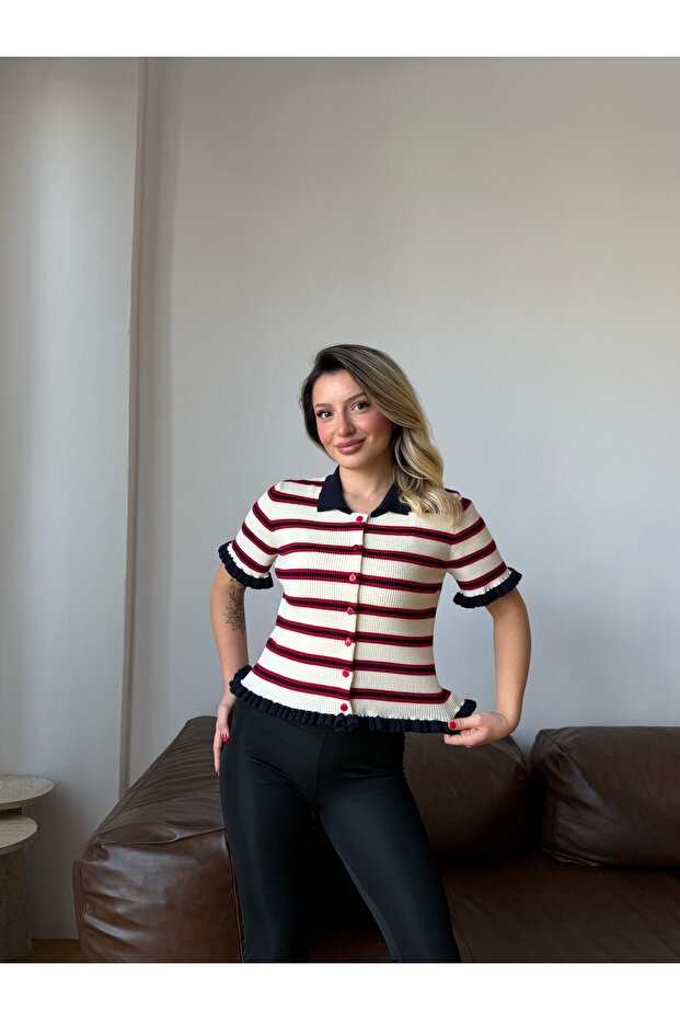 Women's Navy Blue Red Striped Cardigan