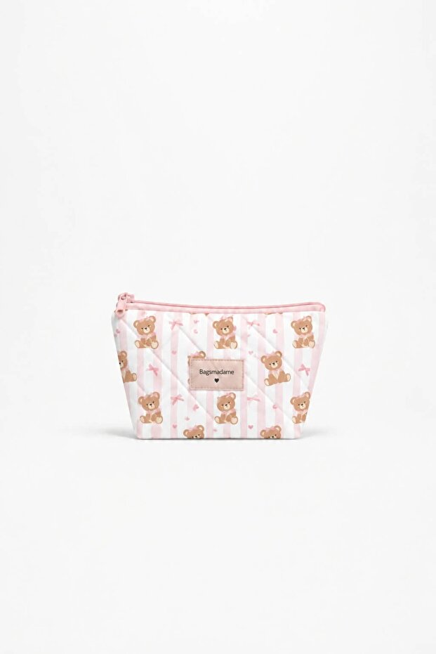 Teddy Bear Patterned Single Compartment Pen Holder Makeup Bag Pencil Case 19X11 cm Small Size