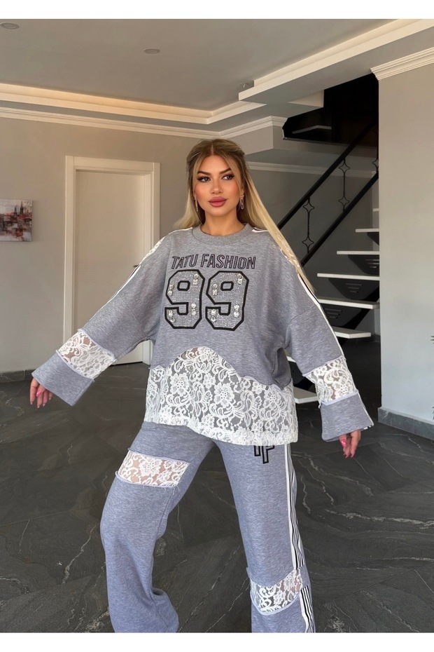 Stoned Lace Suit Gray