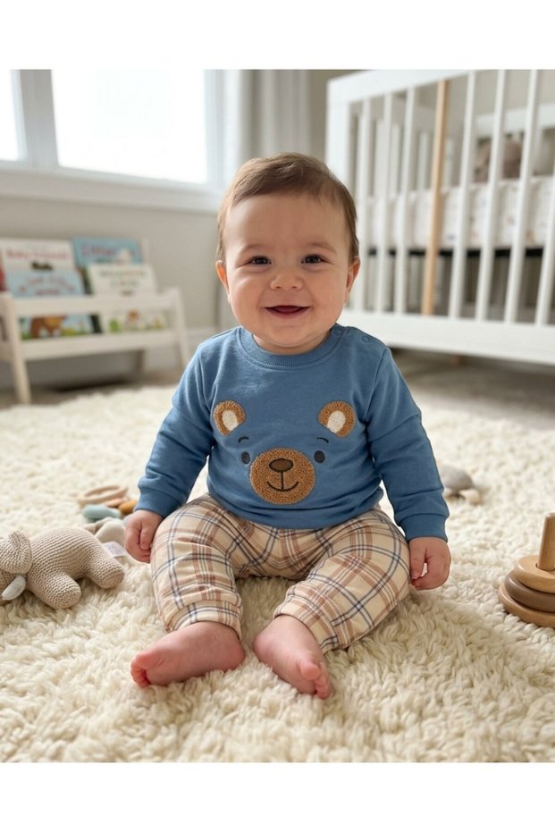 Baby Boy Cute Set with Teddy Bear Embroidery and Plaid Pants for 3-6-9-12 Months Newborns