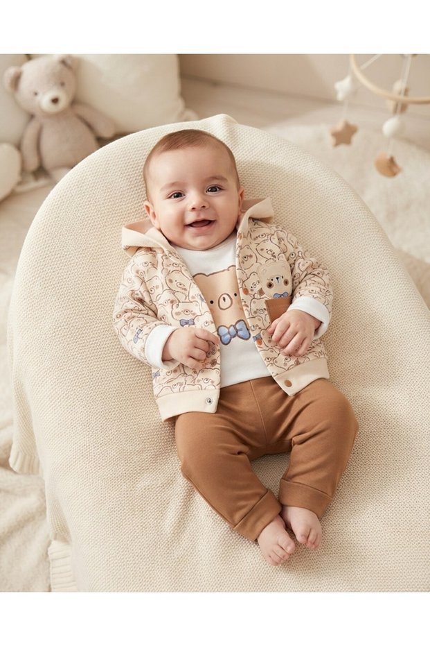 Baby Boy Newborn Teddy Bear Printed Cardigan 3-6-9-12 Months Seasonal 3 Piece Stylish Set