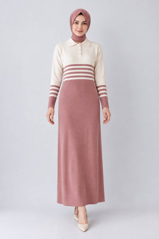 Women's striped detail polo collar knit dress