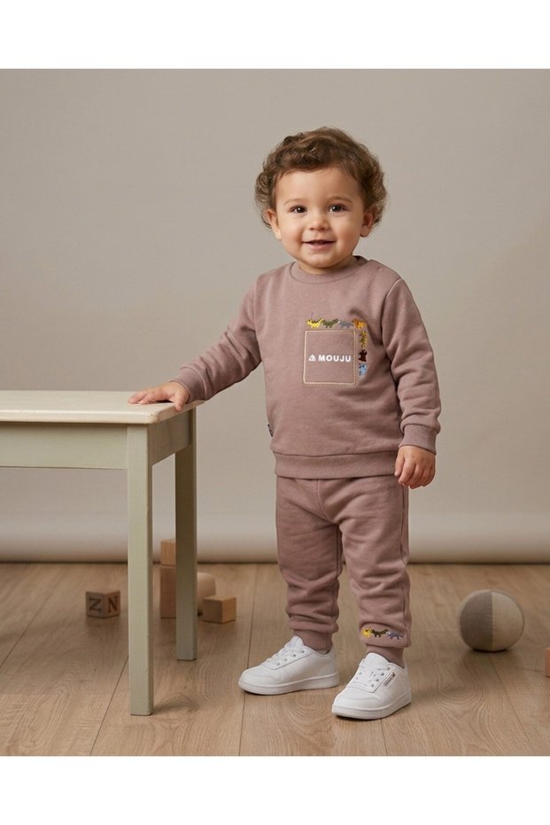 Baby Boy Winter 3 Threaded Yarn Dinosaur Printed 6-9-12-18-24 Months 2-Piece Top and Bottom Set