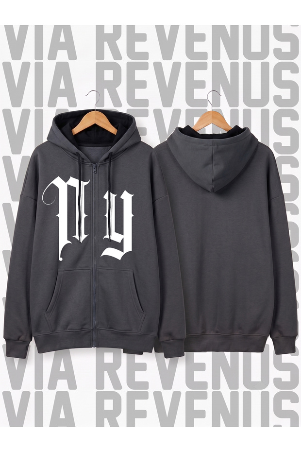 Ny Printed Unisex Zippered Hooded Sweatshirt Cardigan