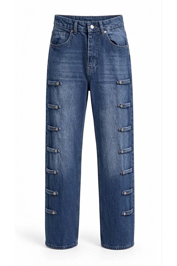 Striped Buttoned High Waist Stoned Fabric Jeans
