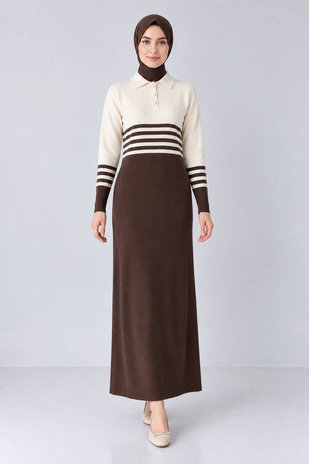 Women's striped detail polo collar knit dress