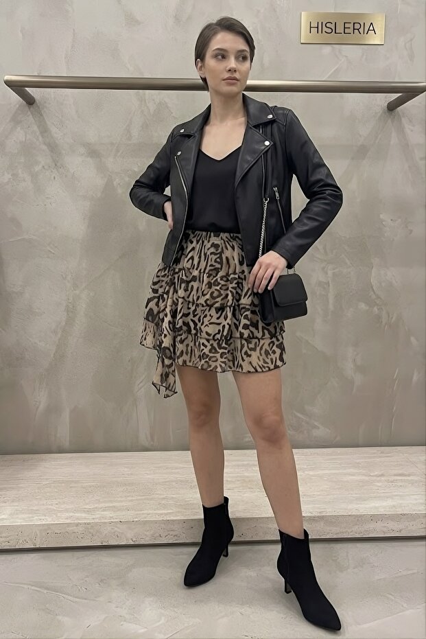 Leopard Patterned Layered Brown Chiffon Mini Skirt with Elastic Waist