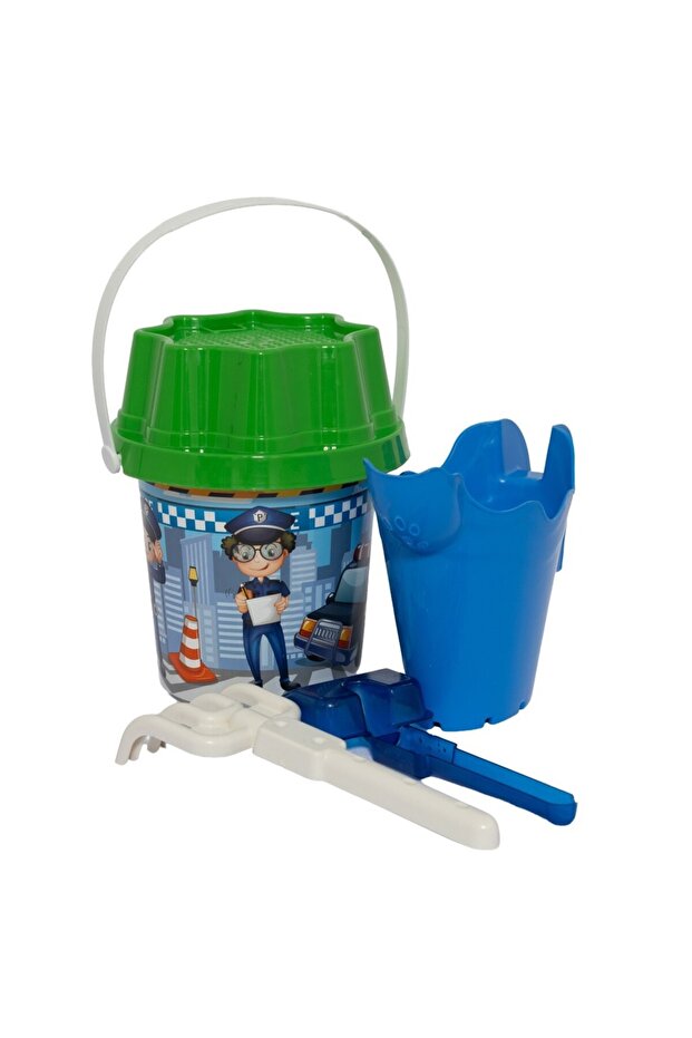 Patterned Round Bucket Beach Set - Police Vehicles Model (Lisinya)