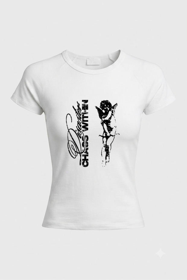 Women's White Printed Fitted Baby Tee Short Sleeve Cotton Slim Fit T-Shirt
