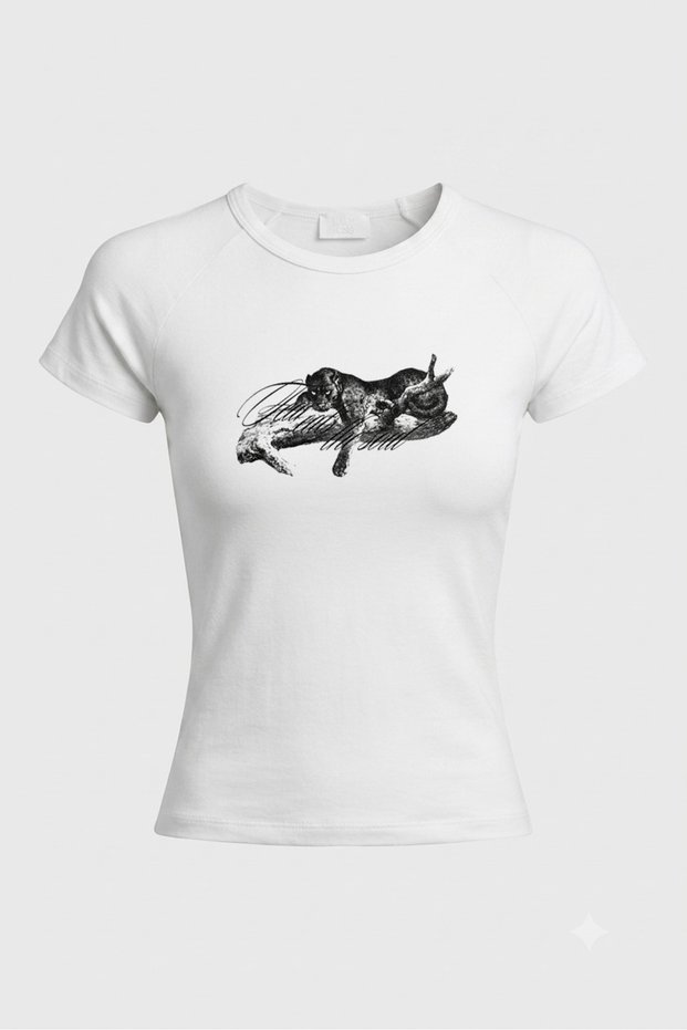 Women's White Printed Fitted Baby Tee Short Sleeve Cotton Slim Fit T-Shirt