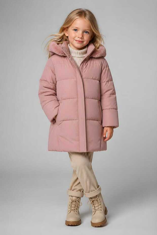 Girl's Pink Hat Fur-Trimmed Long Coat