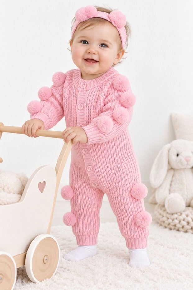 Baby Girl Children's Knitwear Jumpsuit with Pompom Decoration and Bandana Newborn Jumpsuit Winter Outfit Gift