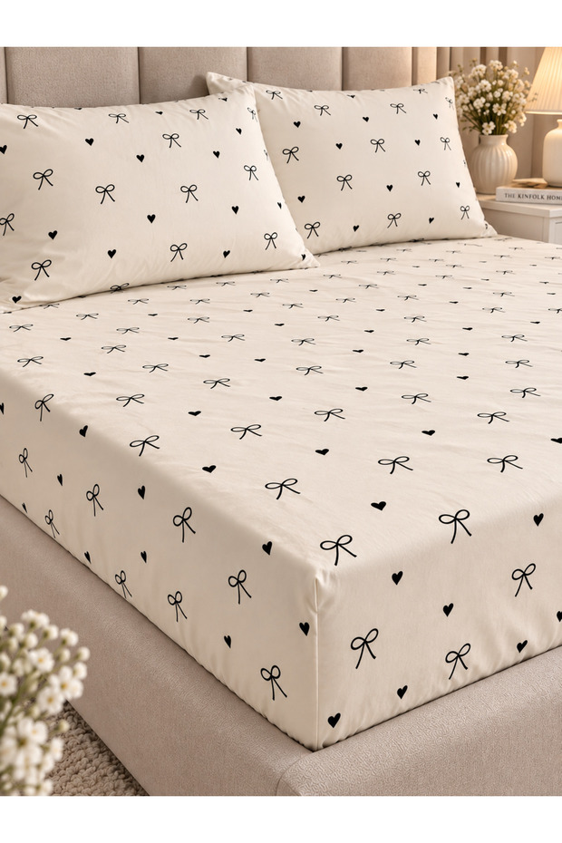 Elastic Sheet Set with Cotton Heart and Bow Pattern