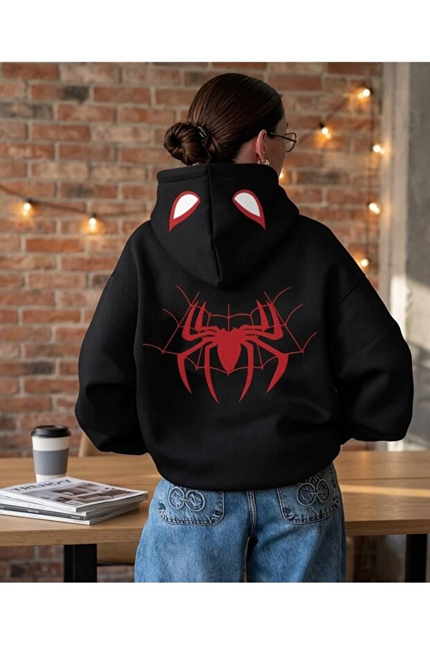 Unisex Hooded Sweatshirt with Spider Print Detail on Back and Hat