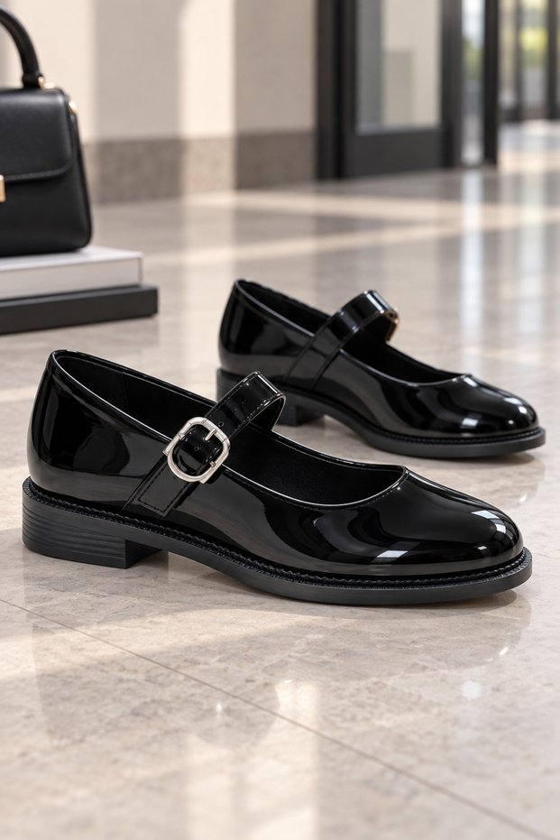Clara Women's Black Patent Leather Belted Mary Jane Ballerina Shoes with Orthopedic Soles