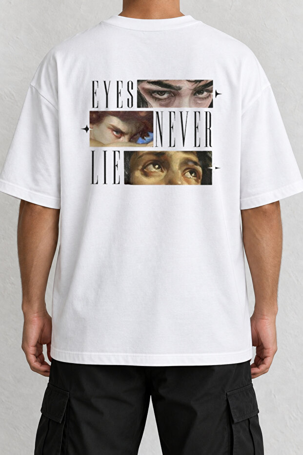 Eyes Never Lie Back-Printed Oversize White T-Shirt