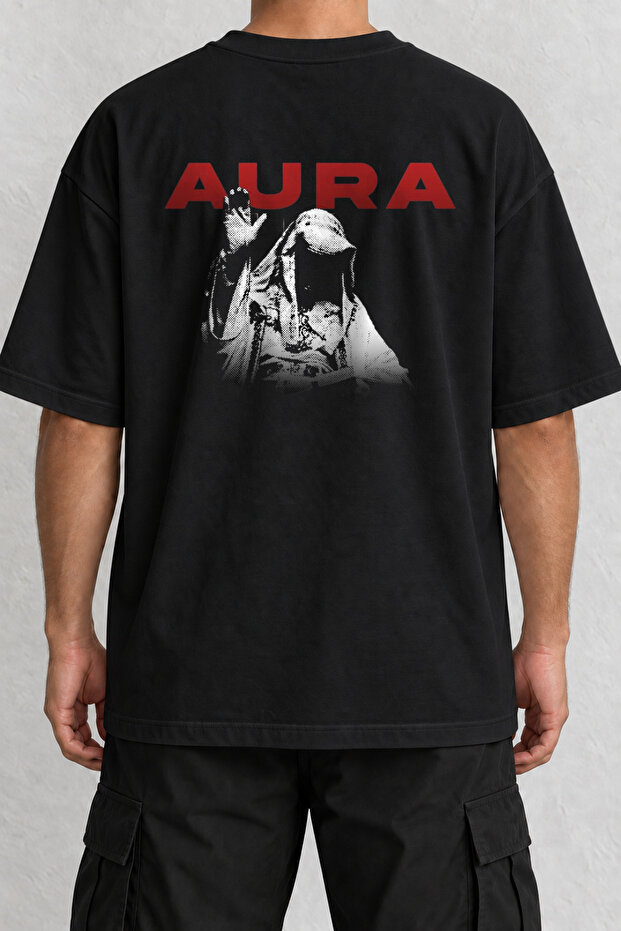 Aura Sculpture Back Printed Oversize Black T-Shirt
