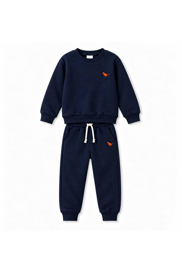 Boy's Dinosaur Embroidered Crew Neck Sweatshirt and Pants 2-Piece Set