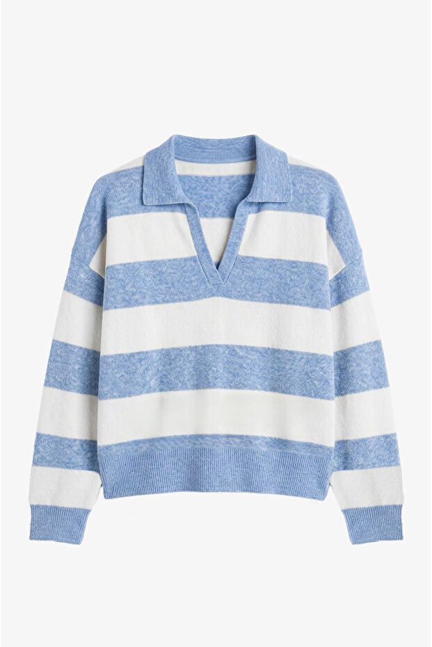 Blue Block Striped Polo Collar Sweater