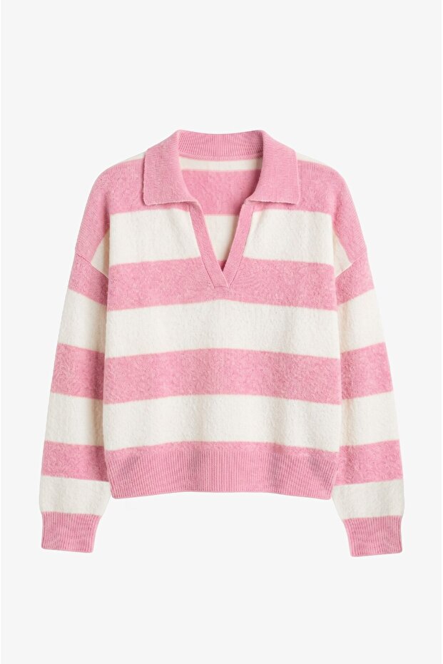 Pink Block Striped Polo Collar Sweater