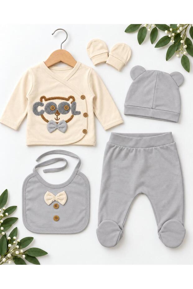 Baby Boy Cool Teddy Bear 5 Piece Newborn Hospital Discharge Set with Booties, under Hat, Gloves, Bib 0-3 Months