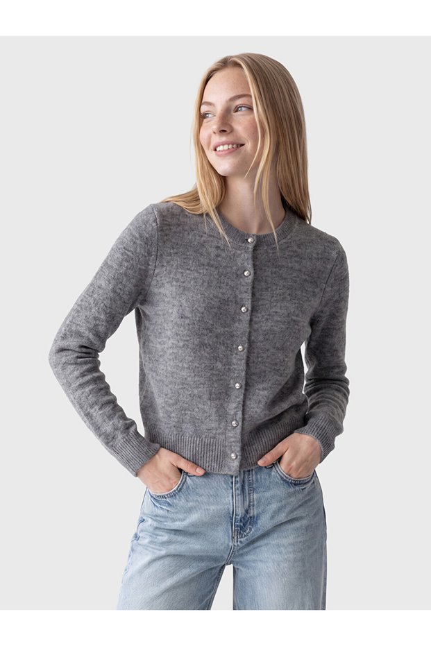 Vizyon New Season Gray Crew Neck Women's Knitwear Cardigan