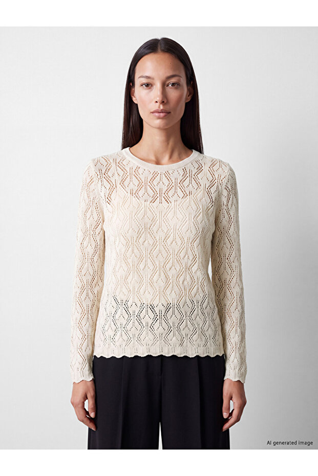 Vizyon New Season Beige Crew Neck Openwork Women's Knitwear Sweater