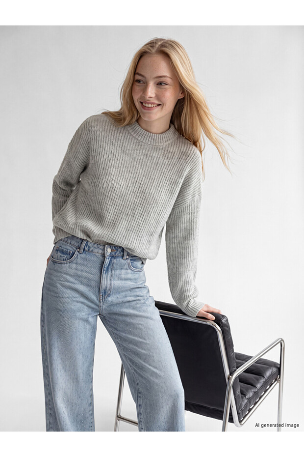 Vizyon New Season Gray Crew Neck Oversize Women's Knitwear Sweater
