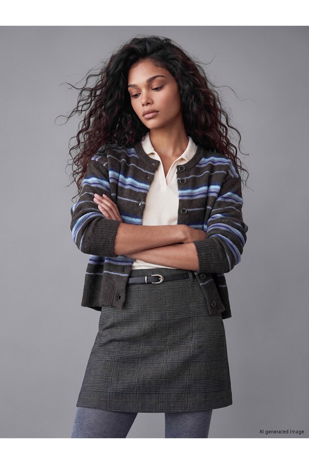Brown Crew Neck Striped Women's Knitwear Cardigan