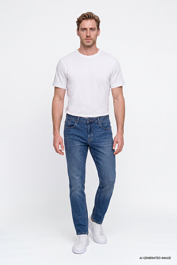 Men's Navy Blue Cotton Comfort Fit Relaxed Cut 5-Pocket Flexible Comfortable Jean Denim Trousers