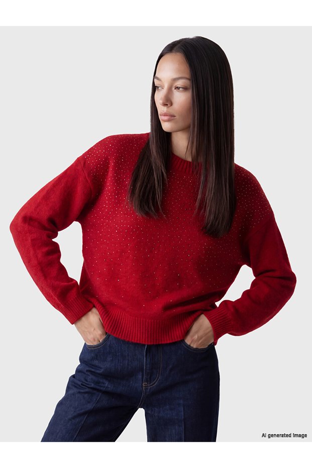 Özmarka New Season Red Stone Oversize Women's Knitwear Sweater