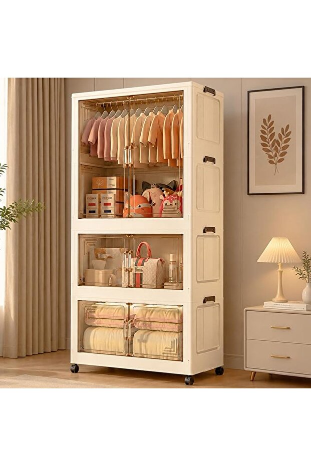 90cm Extra Wide Foldable Plastic Wardrobe Closet with Magnetic Doors & Gold Handles - Tool-Free Stac