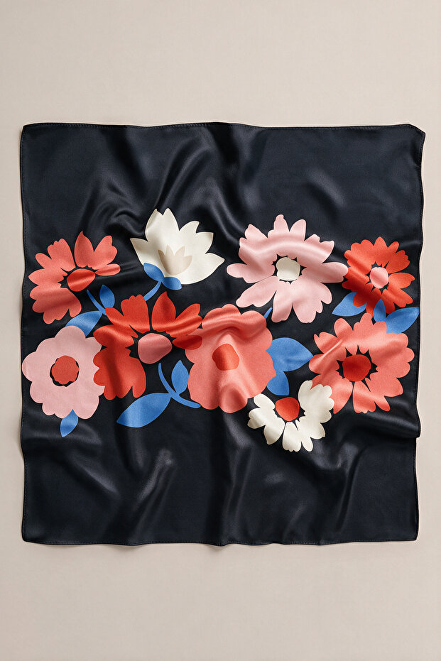 Black Coral Flower Bouquet Patterned Scarf Bandana 50X50 cm