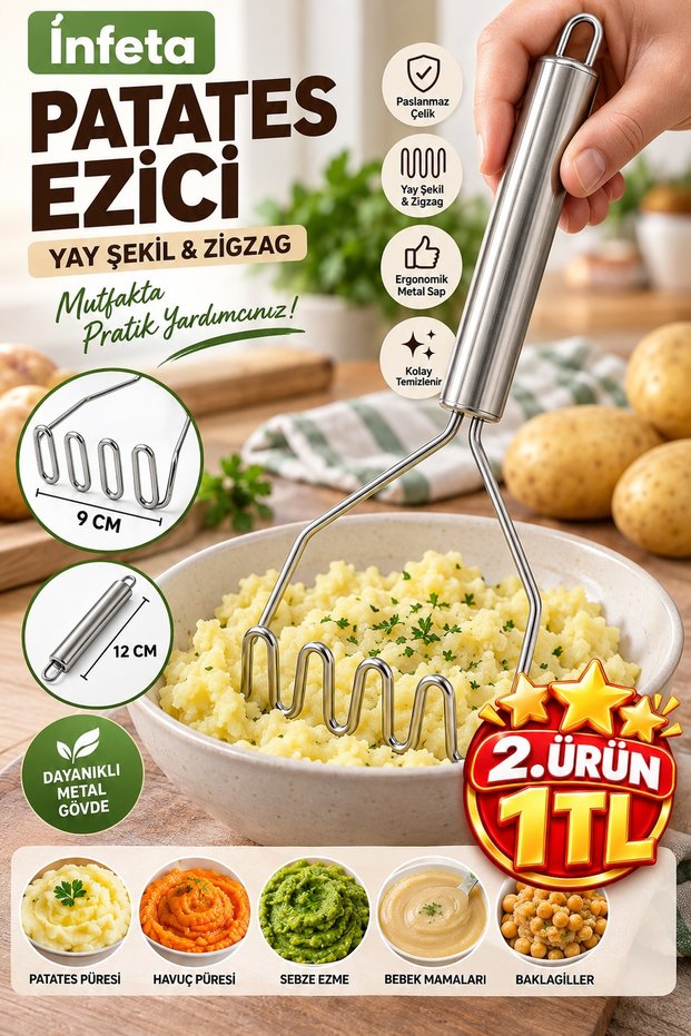 23 cm Metal Potato Masher 9 cm Zigzag Spring Head 12 cm Metal Handle Kitchen Mashing Tool