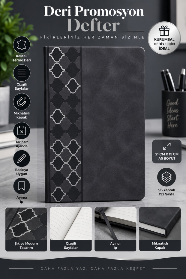Premium Leather Promotional Notebook A5 – Magnetic Cover, Lined 192 Pages Undated Diary and Notepad 21X15 cm